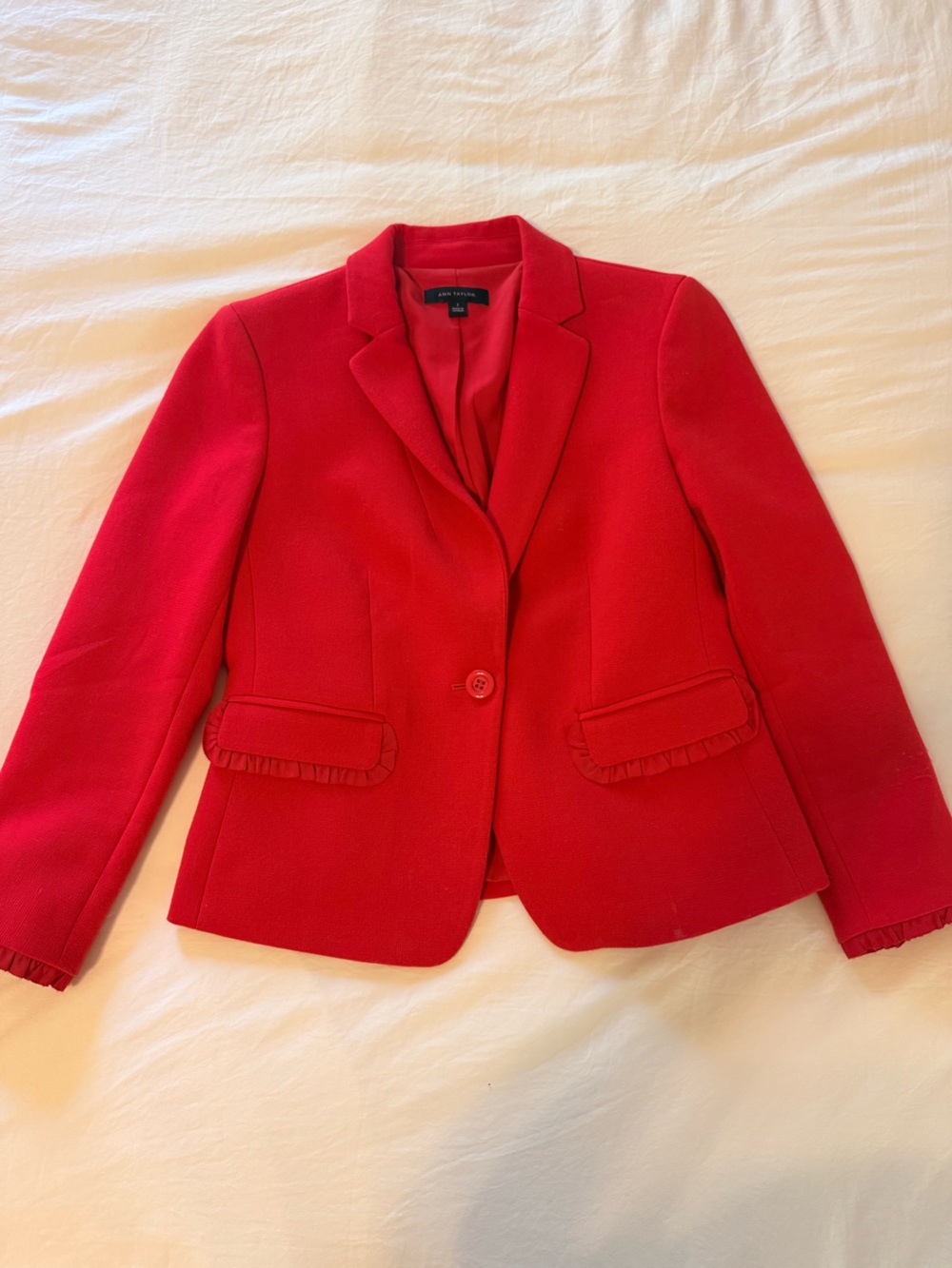 Ann Taylor Bright Red Ruffle-Trim Single-Button Blazer